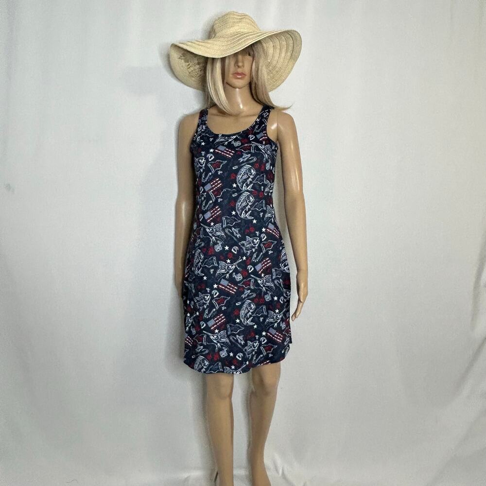 Columbia PFG Fishing DressS Blue Patriotic Fish Print Tank Dress 4th of july
